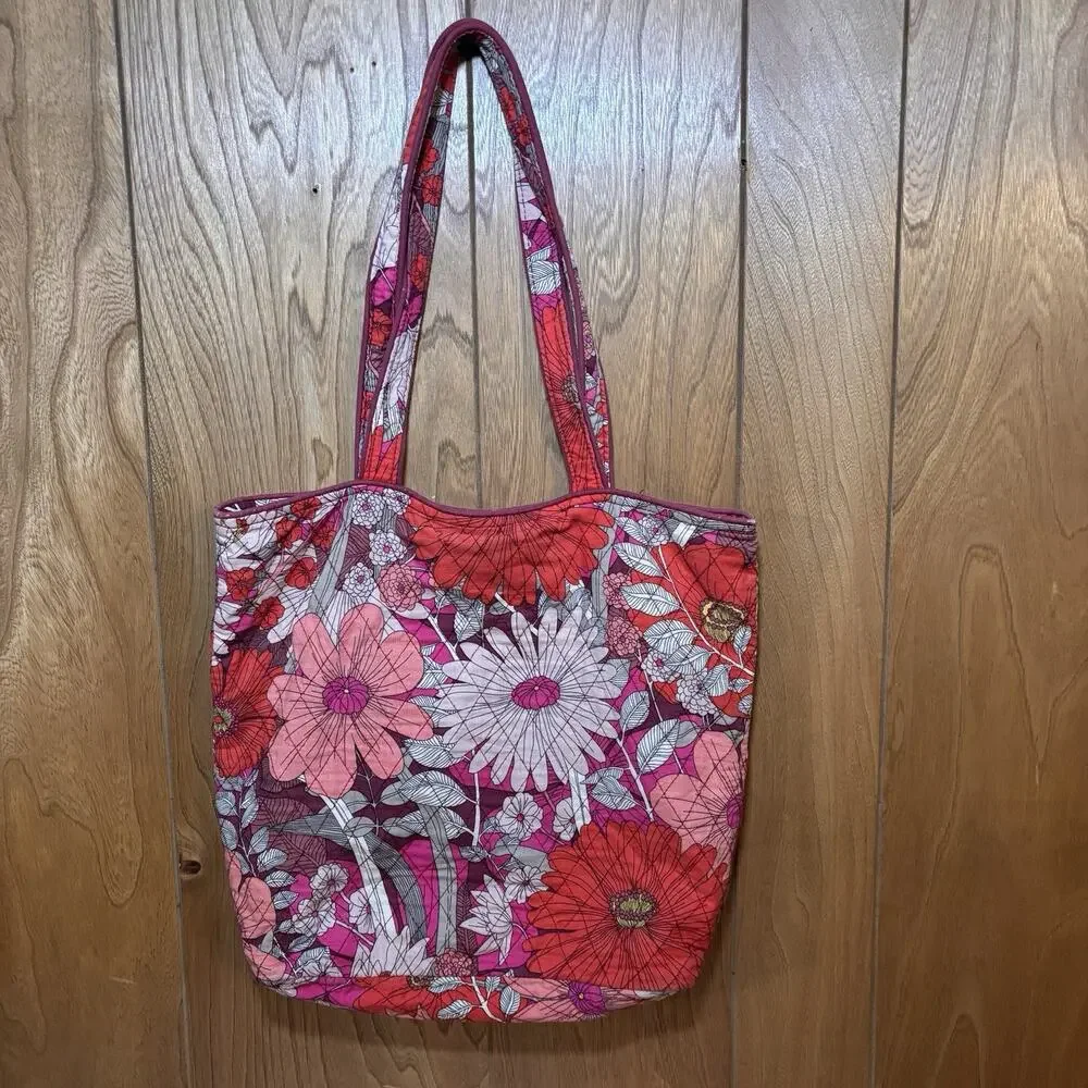 Vera Bradley English Rose Quilted Cotton Tote Bag Floral Pink Red Grey READ